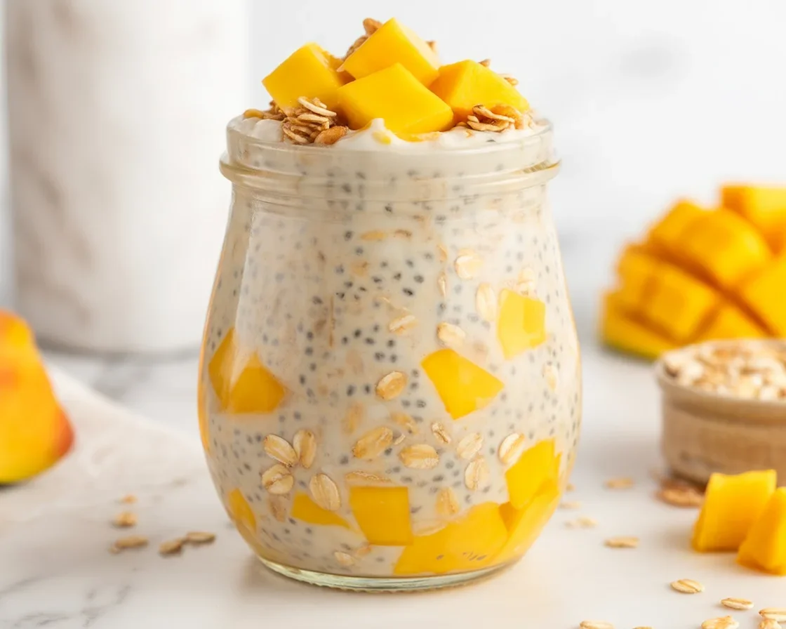 Bowl of creamy Mango Overnight Oats topped with fresh mango pieces and coconut.