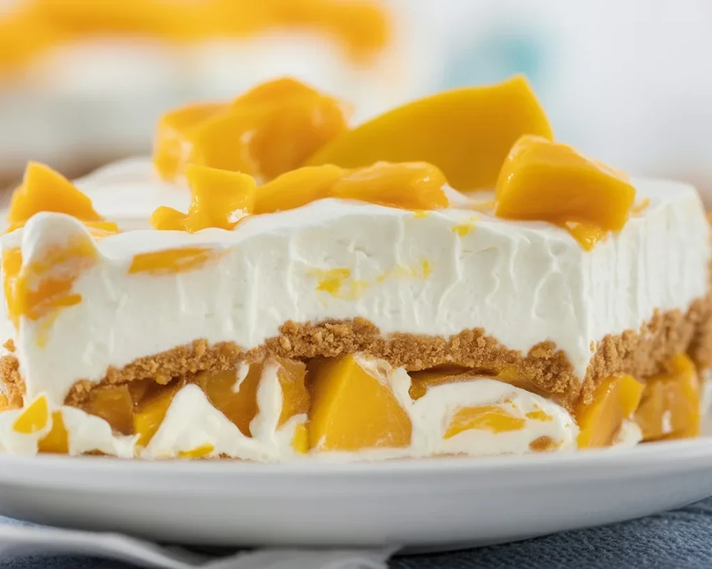 Sliced Mango Float Cake with layers of graham crackers and fresh mango slices