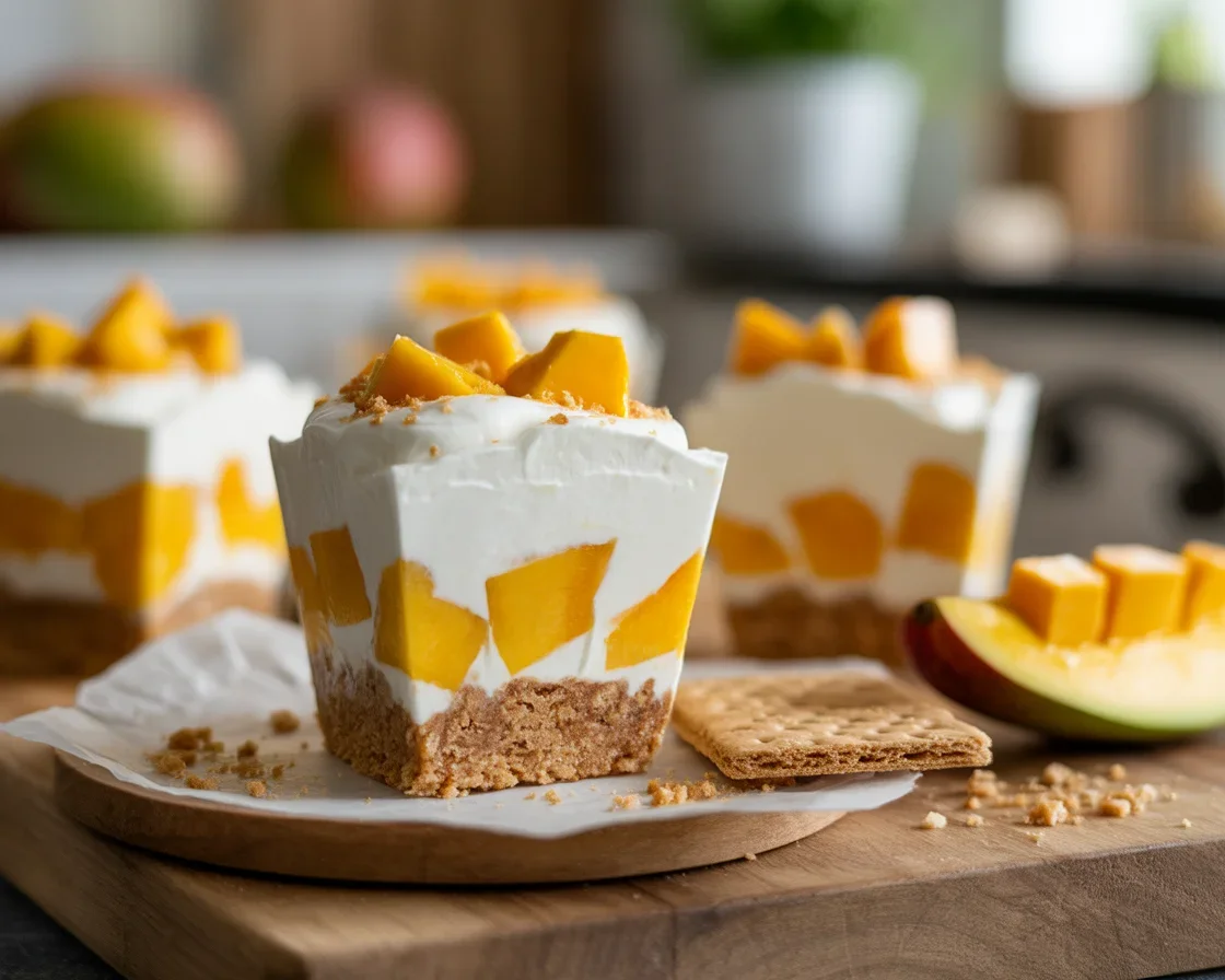 Delicious Mango Graham Cups with layers of cream, mango, and graham cracker crumbs.