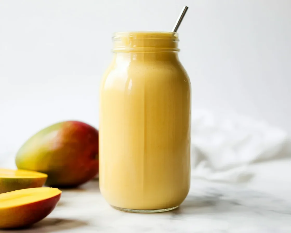Creamy mango smoothie made with fresh mango, banana, and almond milk