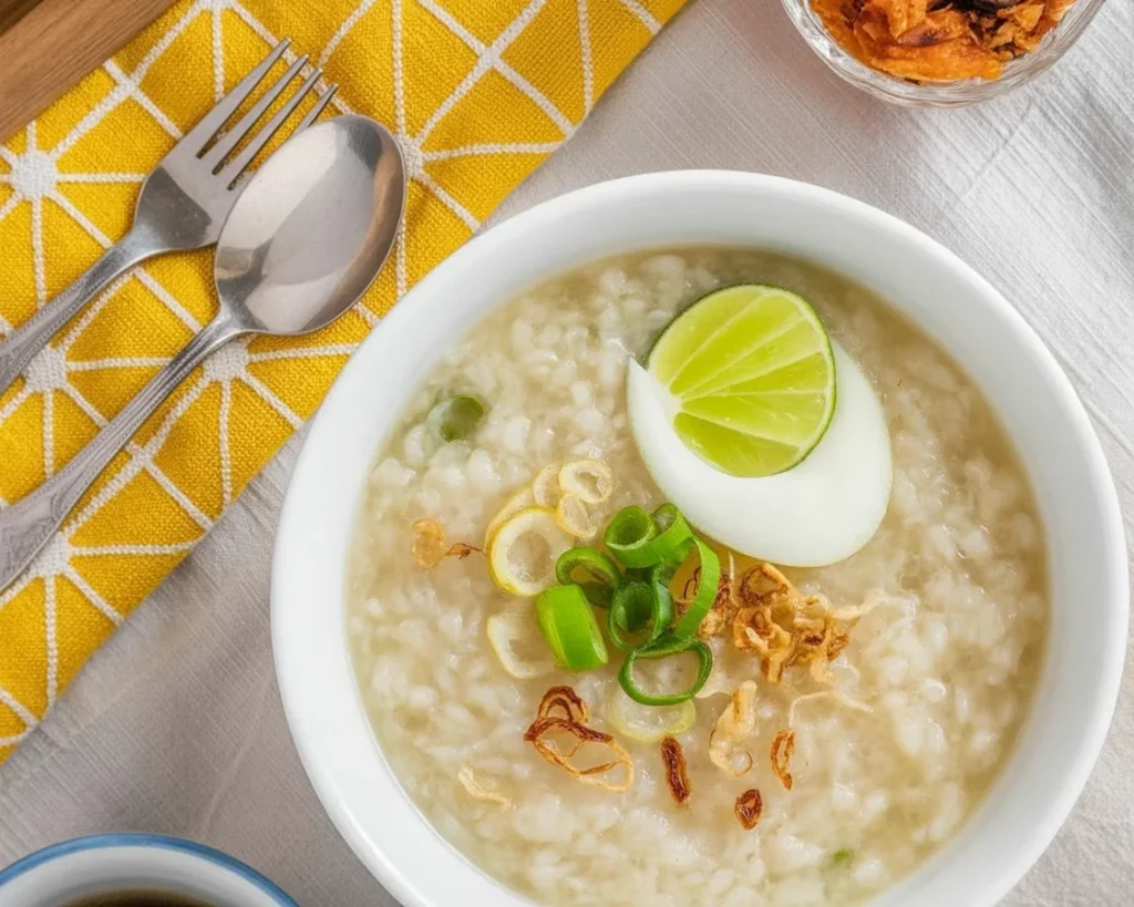 Creamy Chicken Arroz Caldo Snack Bowl topped with green onions and ginger.