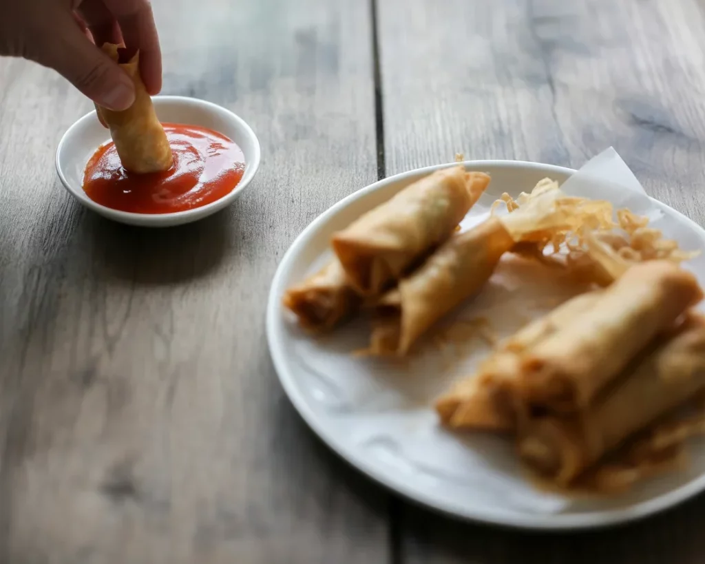 Plate of crispy Mini Lumpia Rolls, traditional Filipino spring rolls filled with savory meat.