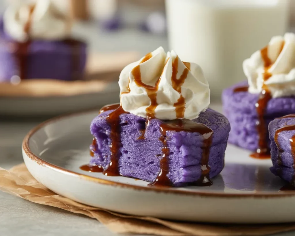 Delicious Ube Pancake Bites served warm with toppings and powdered sugar.
