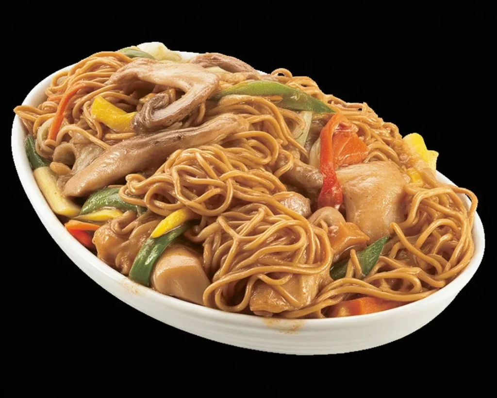 Pancit Canton Platter with stir-fried noodles, chicken, shrimp, and fresh vegetables.