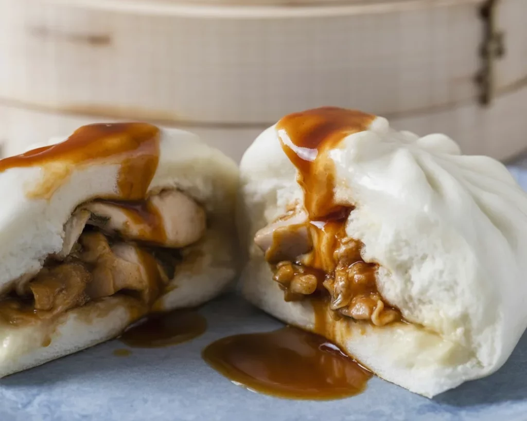 Steamed Filipino Chicken Siopao with savory asado filling on a plate.