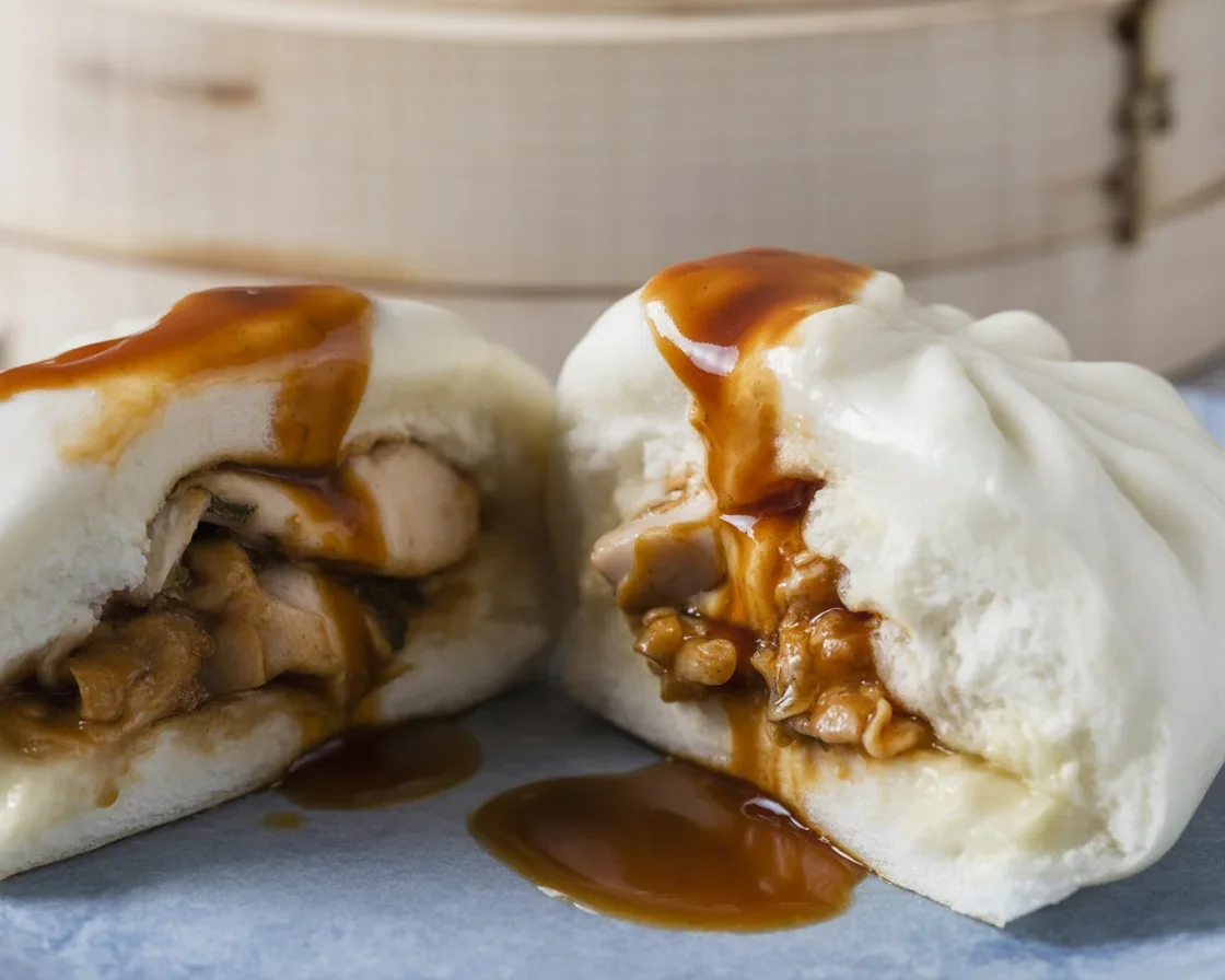 Steamed Filipino Chicken Siopao with savory asado filling on a plate.