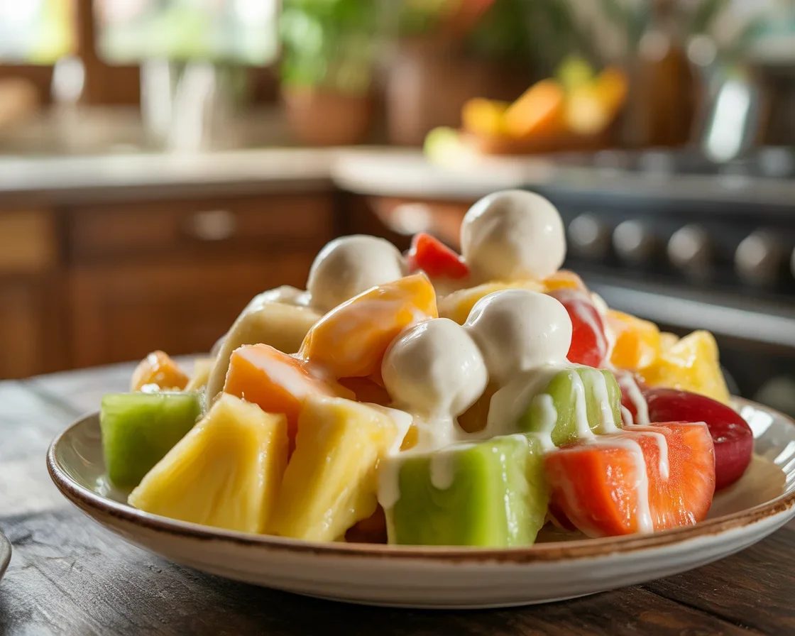 Colorful Tropical Fruit Salad with mango, kiwi, pineapple, and honey lime dressing