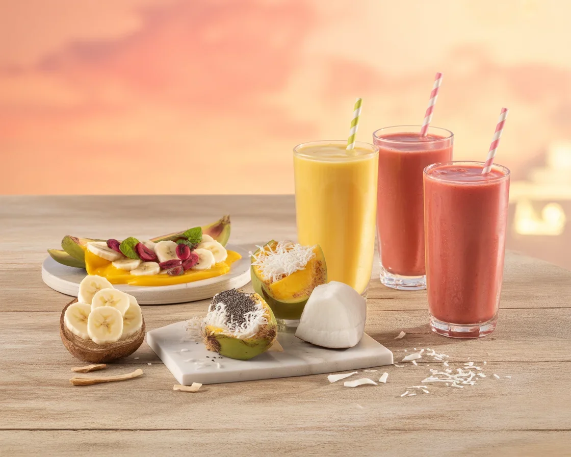 Delicious Tropical Smoothie Bowl with mango, pineapple, and coconut toppings.