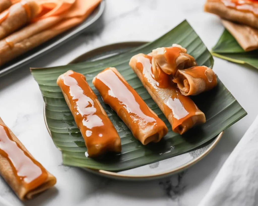 Turon Bites - Filipino banana lumpia filled with saba and jackfruit, drizzled in caramel.