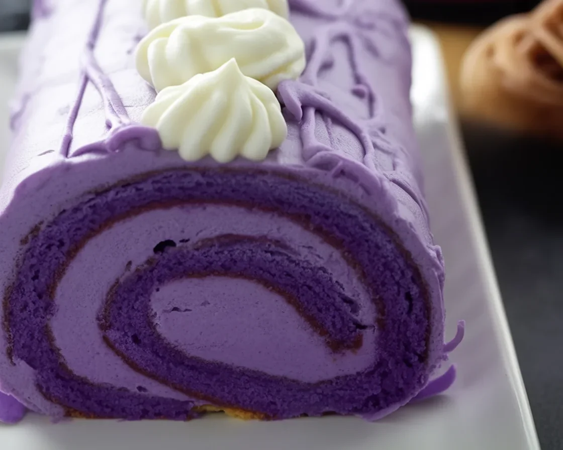 Delicious Ube Cake Roll with fluffy chiffon cake and ube whipped cream filling