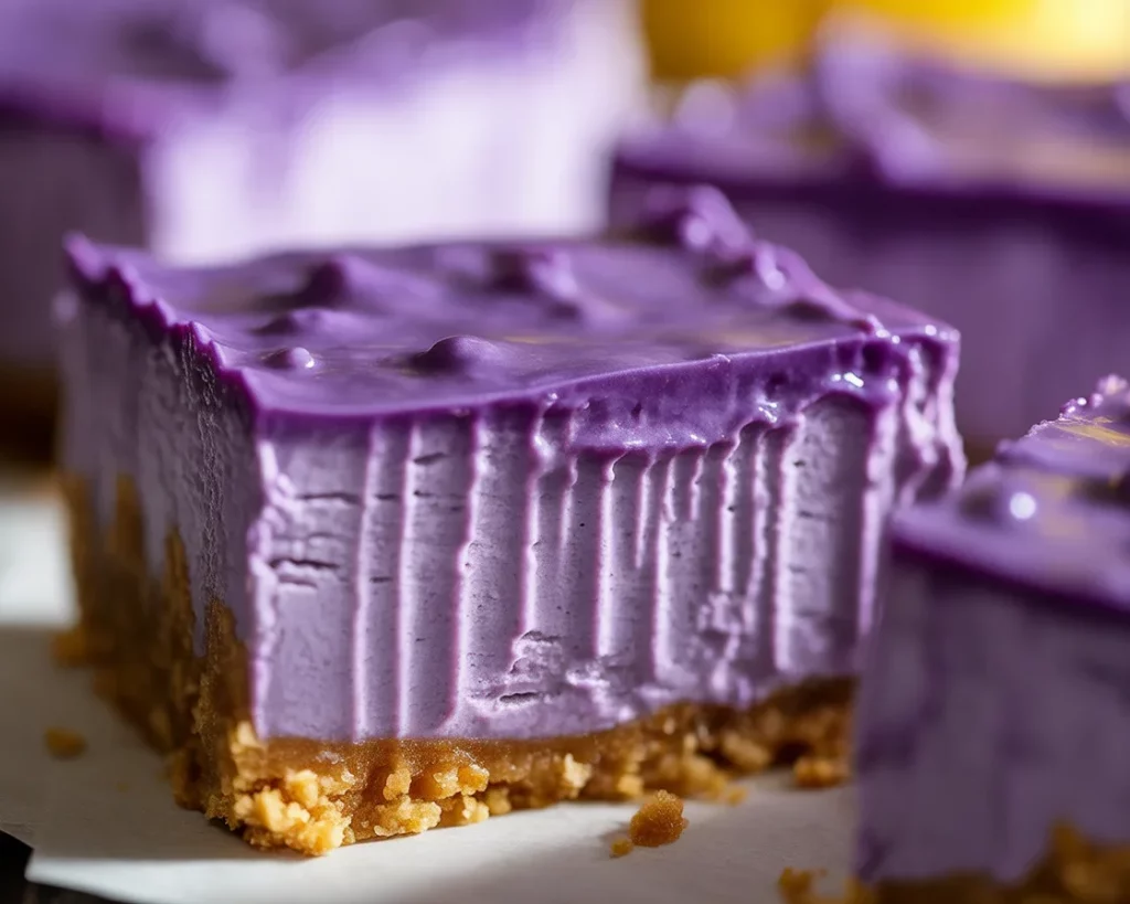 Delicious Ube Cheesecake Bars with creamy filling and colorful ube layers.