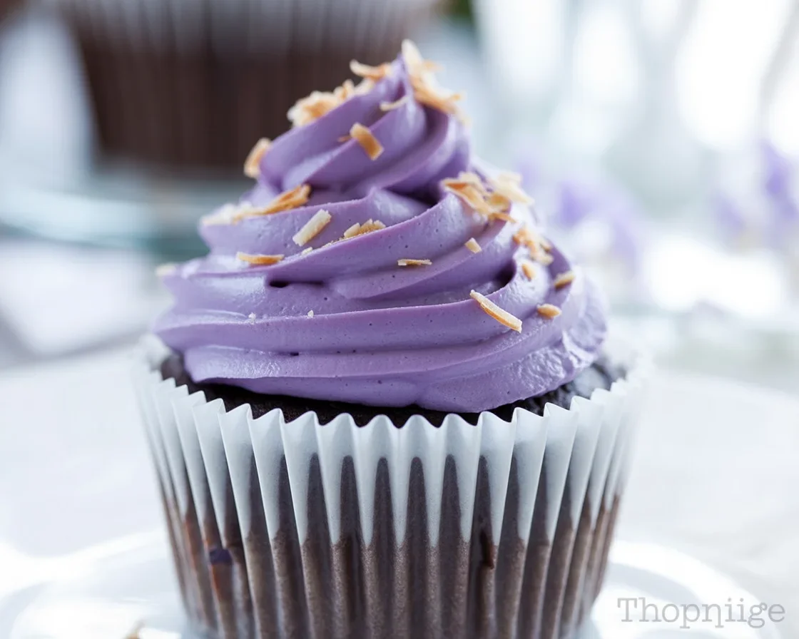 Delicious Ube Cupcakes topped with ube whipped cream frosting and sprinkles.