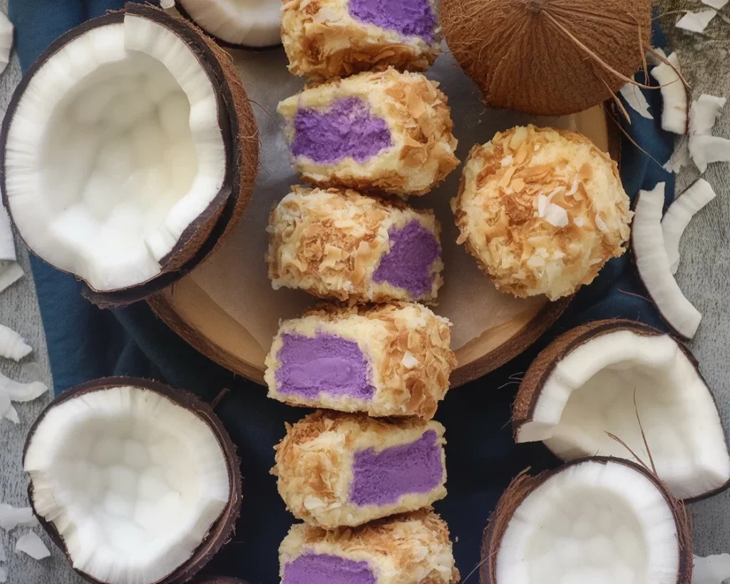 Ube Ice Cream Sandwich featuring purple yam ice cream on cookie, dipped in white chocolate.