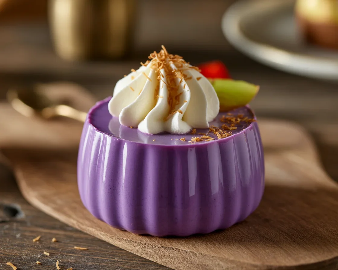 Ube Mousse Cups with creamy ube filling and crunchy base served in elegant glasses.