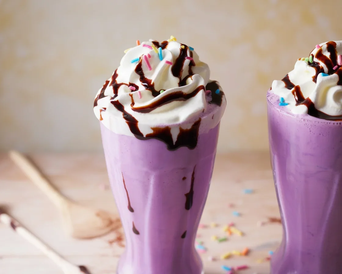 Delicious ube smoothie with purple yam, coconut milk, and ice, served in a glass.