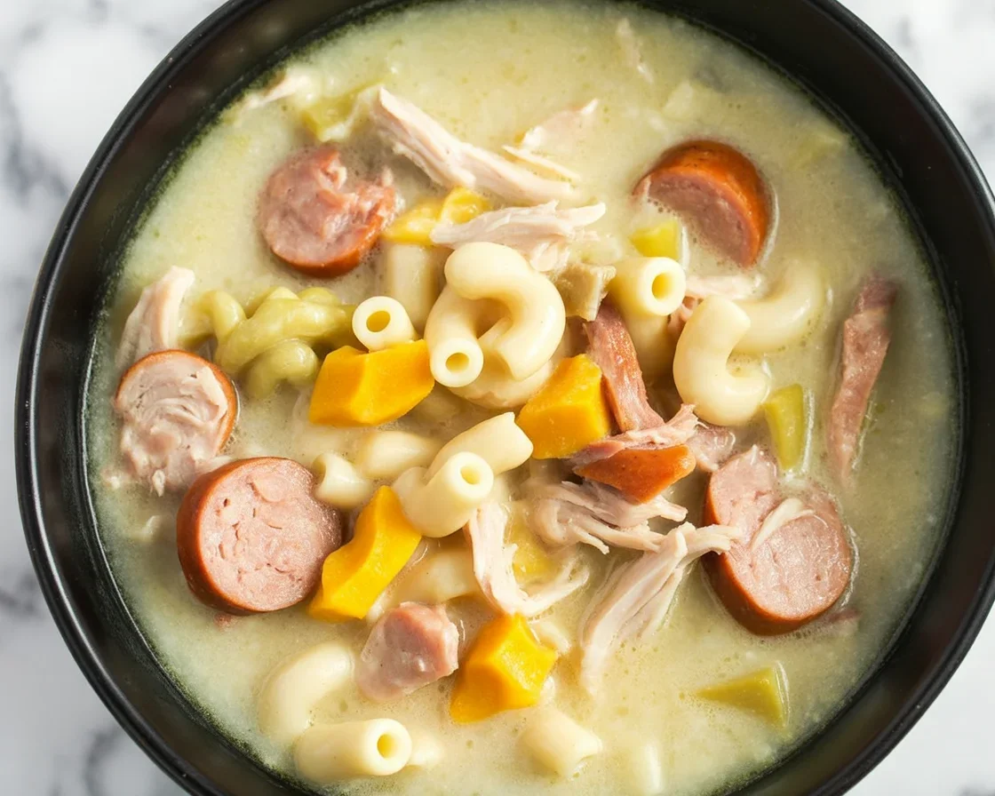 Bowl of chicken sopas, a creamy Filipino macaroni soup with chicken and vegetables.
