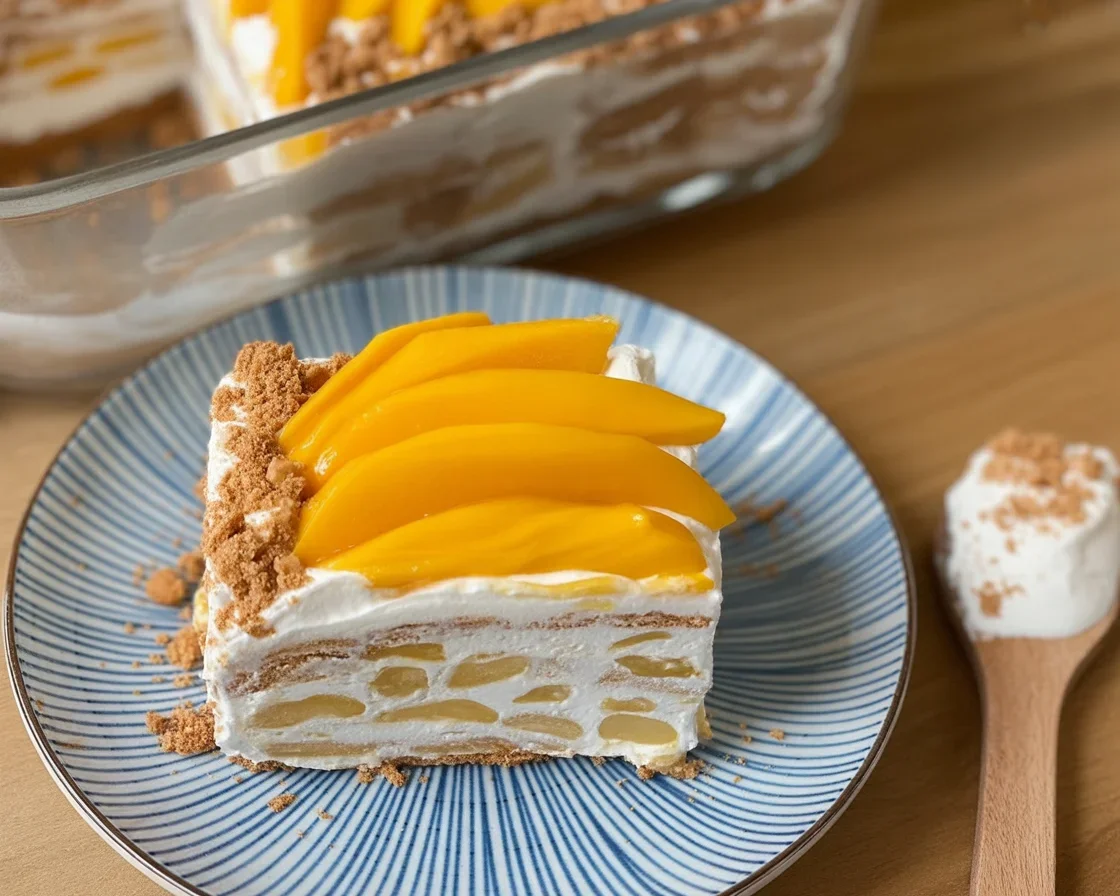 Delicious Filipino mango float dessert with layers of cream, graham crackers, and ripe mangoes.