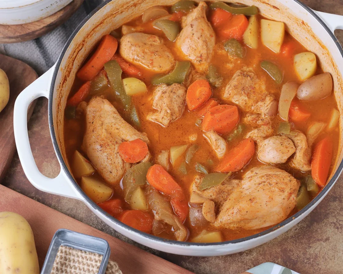 Delicious easy chicken afritada simmered in tomato sauce with vegetables.