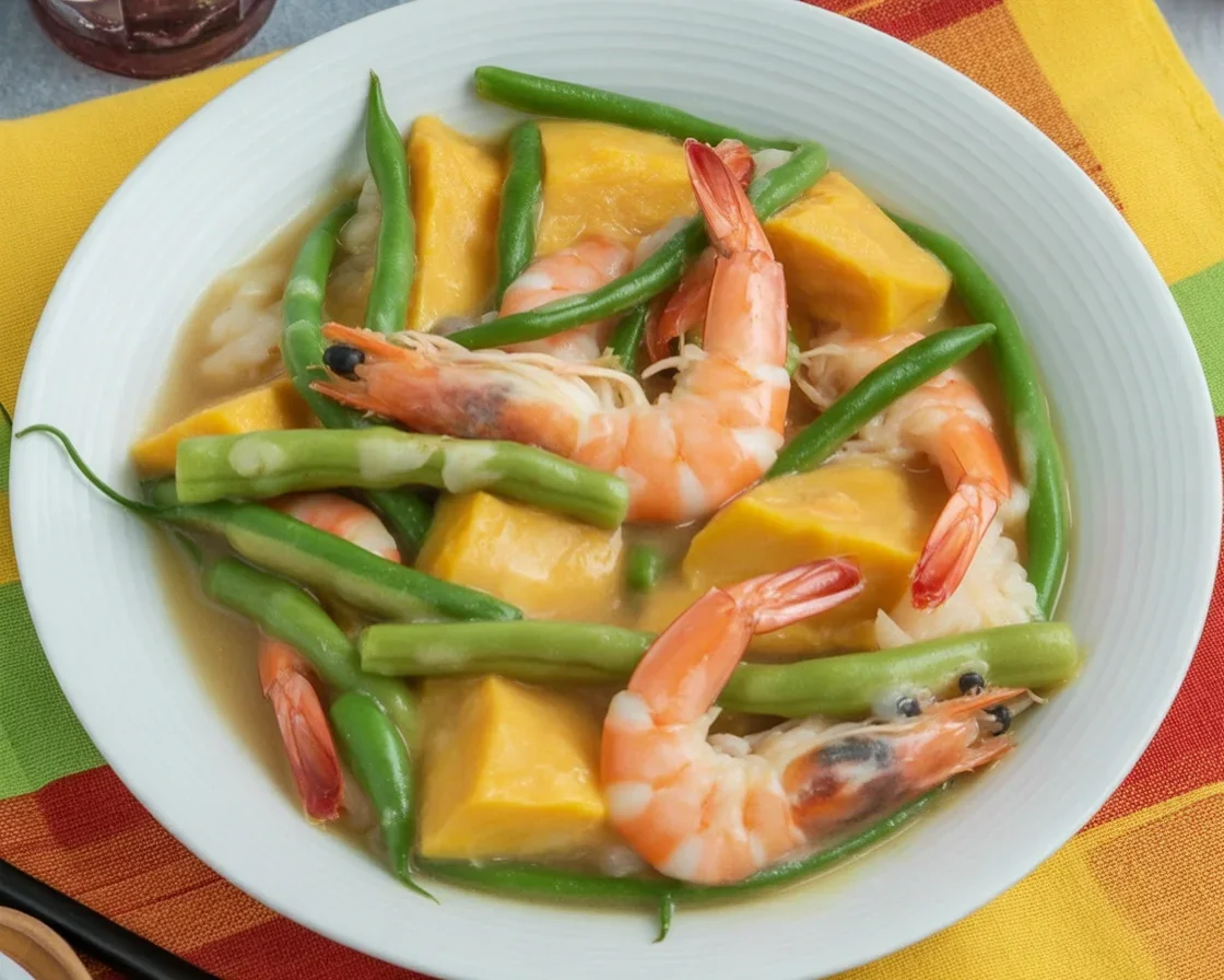 Bowl of easy ginataang kalabasa at sitaw with squash and long beans in coconut milk