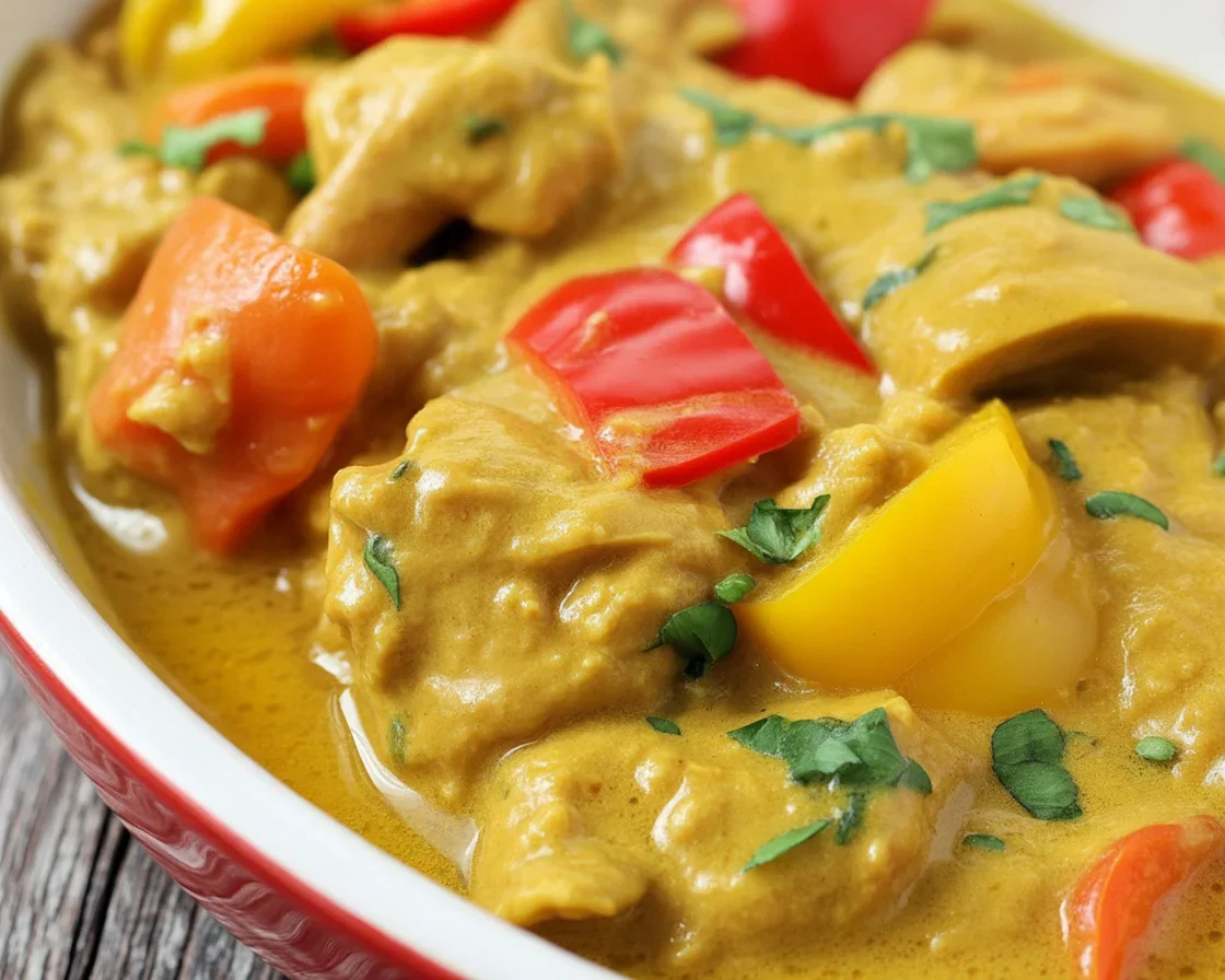 Delicious Filipino chicken curry cooked in coconut milk with spices and vegetables.