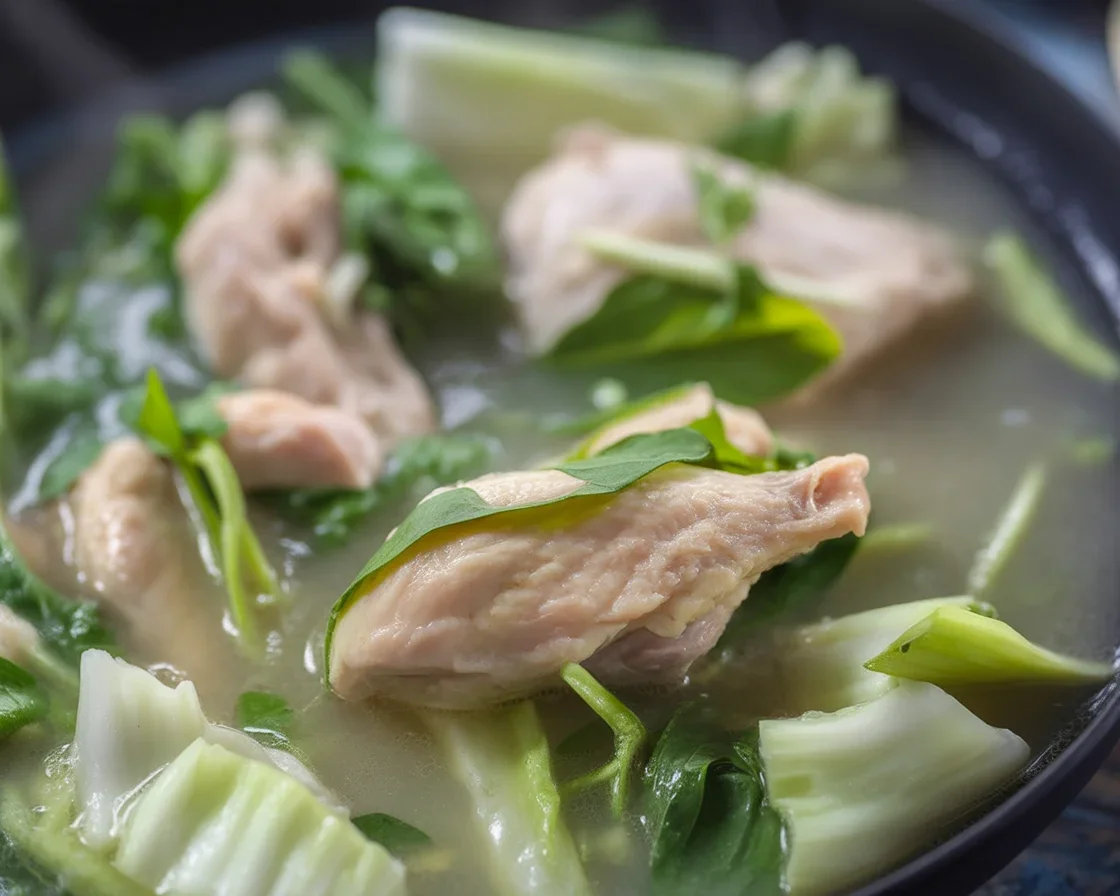 A warm bowl of Filipino chicken tinola with ginger, garlic, and vegetables.