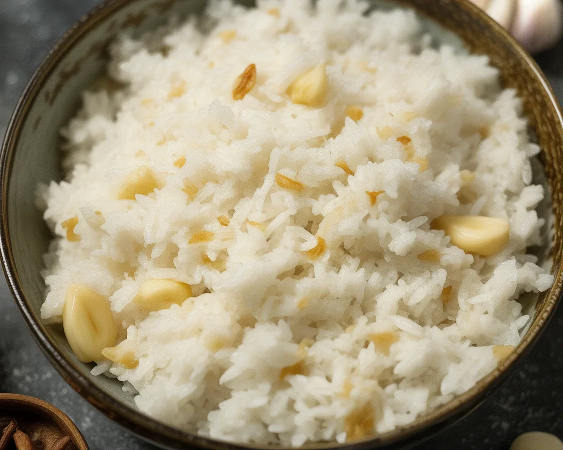 Plate of Filipino garlic fried rice sinangag with crispy garlic pieces on top.