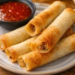 Crispy air fryer chicken lumpia spring rolls served on a plate with dipping sauce.