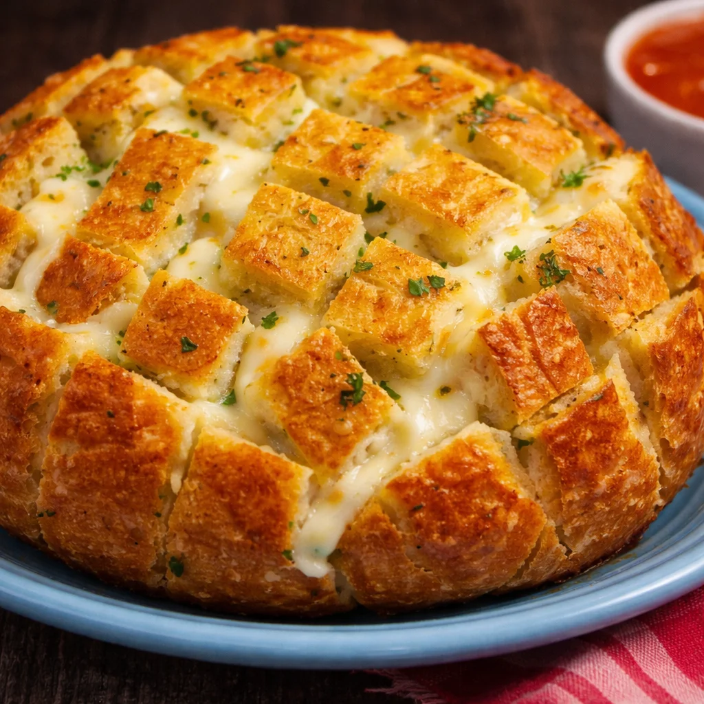 Cheesy garlic pandesal pull apart bread topped with garlic butter and melted cheese.