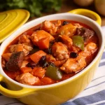 A plate of Filipino chicken menudo without pork, featuring colorful vegetables in tomato sauce.