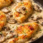 Creamy mushroom chicken Filipino style with tender chicken in garlic mushroom sauce.