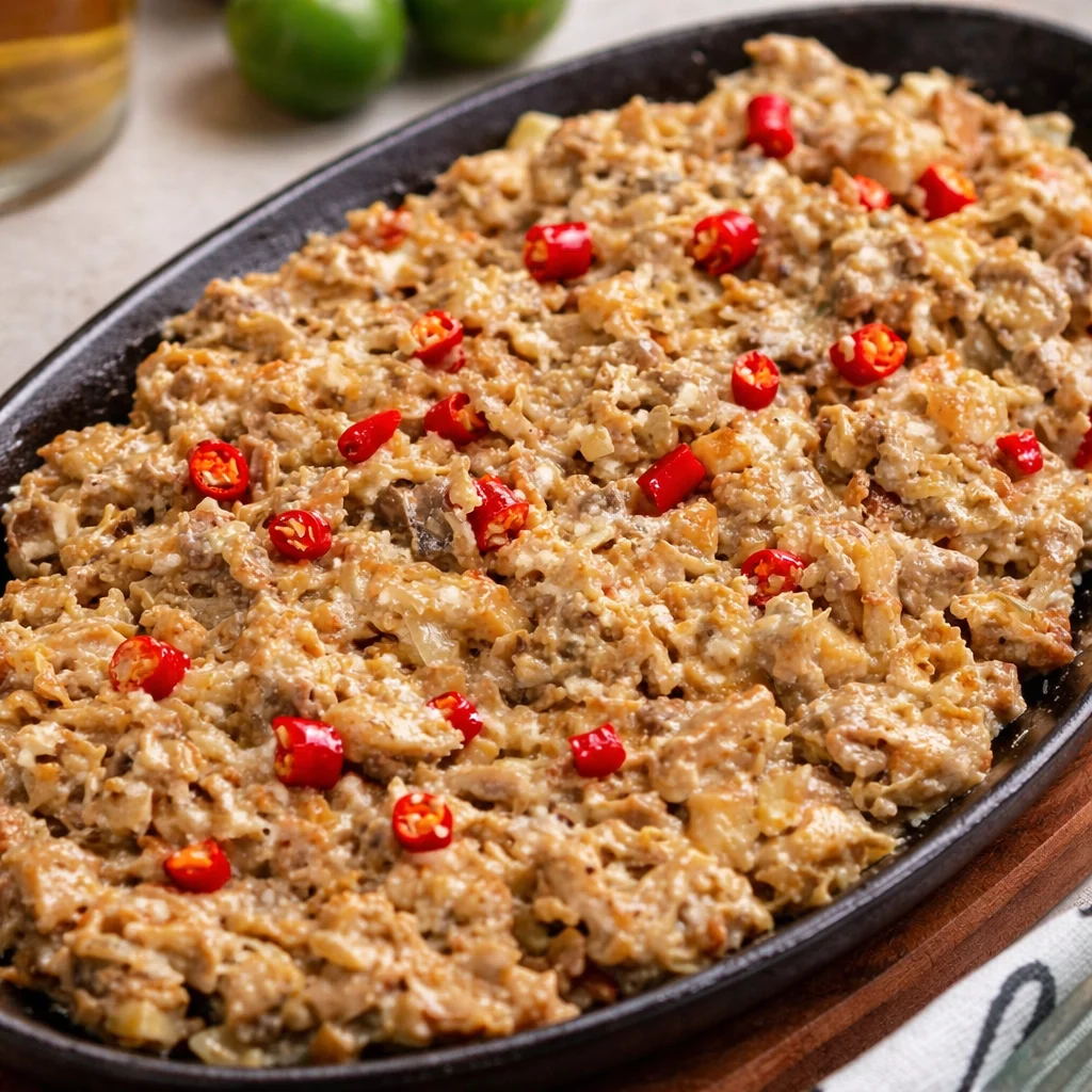 Plate of crispy chicken sisig garnished with lime and chilies