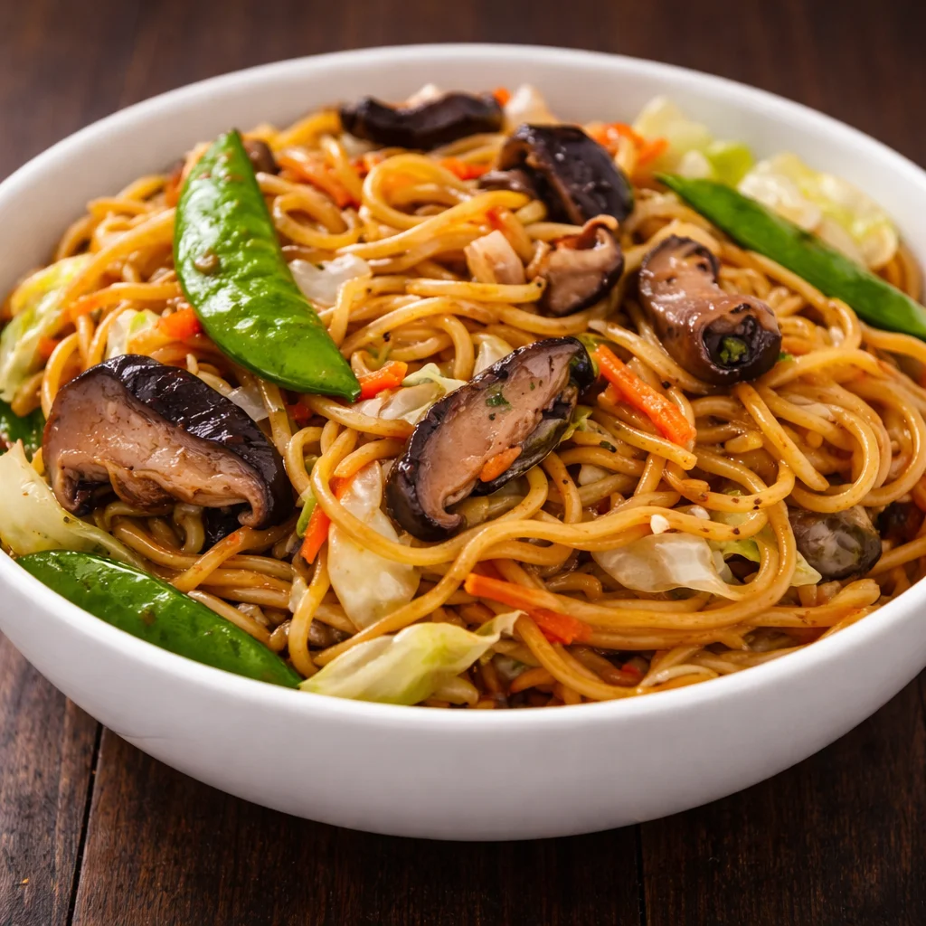 Bowl of easy vegetable pancit canton topped with fresh vegetables and soy sauce.