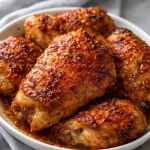 Baked calamansi garlic chicken thighs served with garlic rice and dipping sauce.