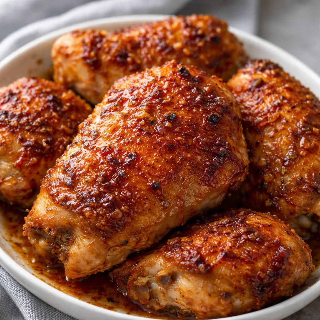 Baked calamansi garlic chicken thighs served with garlic rice and dipping sauce.
