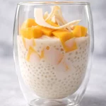 Mango Sago Coconut Milk Dessert Cups featuring creamy coconut tapioca pudding and fresh mango.