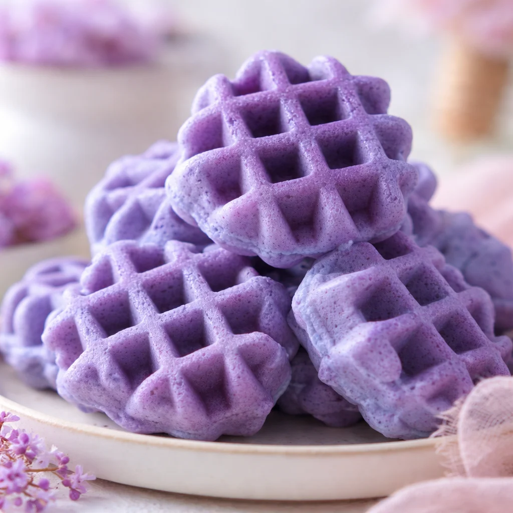 Mini Ube Waffle Bites served with syrup - perfect for snacks or gatherings.
