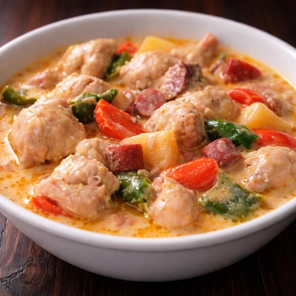 Creamy Filipino Chicken Pastel with Coconut Milk served in a bowl