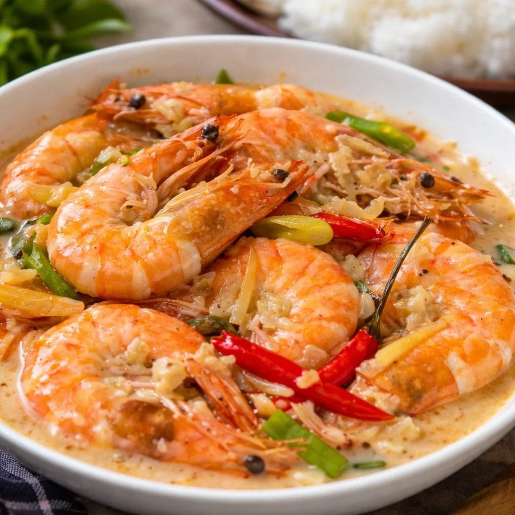 Delicious easy shrimp ginataan with coconut milk and spices in a bowl.