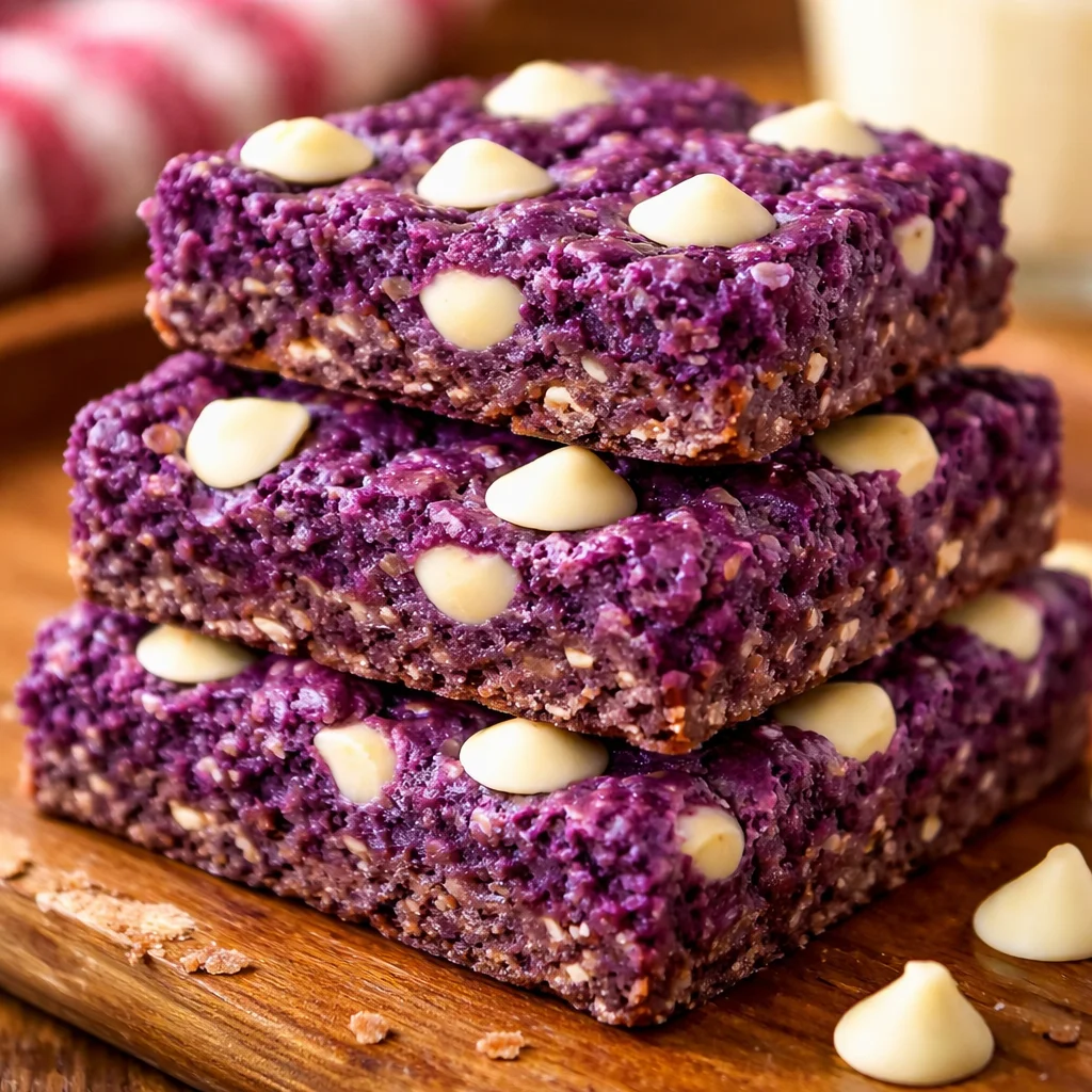 Delicious easy baked ube oatmeal bars topped with a sweet glaze.