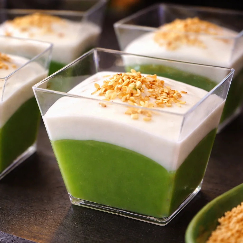 Easy Pandan Coconut Pudding served in a bowl with fresh coconut flakes.