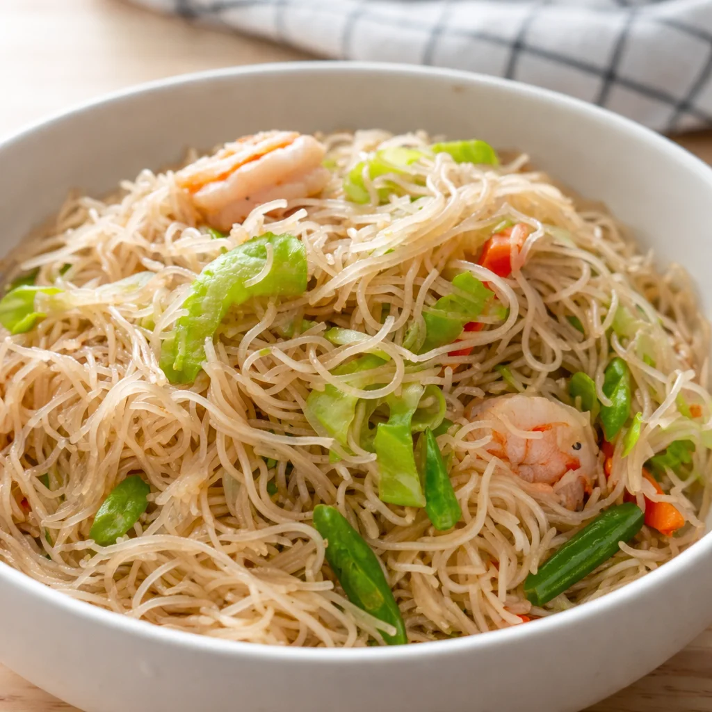 Easy shrimp pancit bihon with vegetables, perfect weeknight dinner recipe.