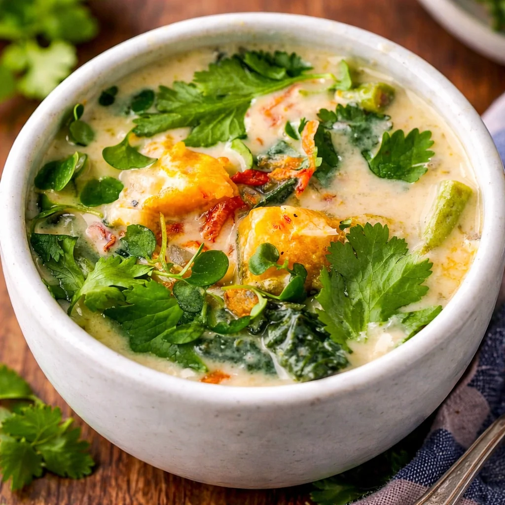 A bowl of Filipino Coconut Vegetable Curry with vibrant vegetables and coconut milk.