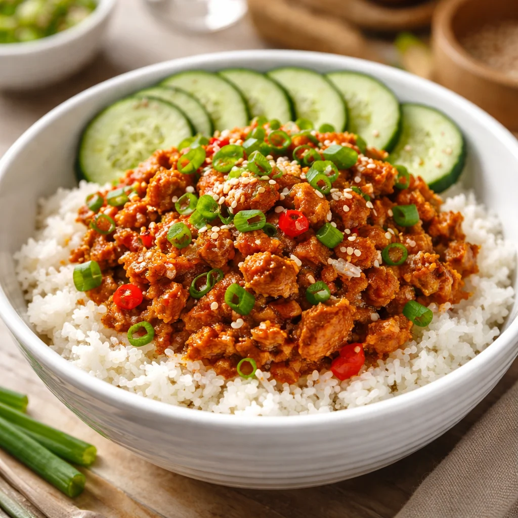 Filipino spicy tuna rice bowl with canned tuna, warm rice, and kewpie mayo.