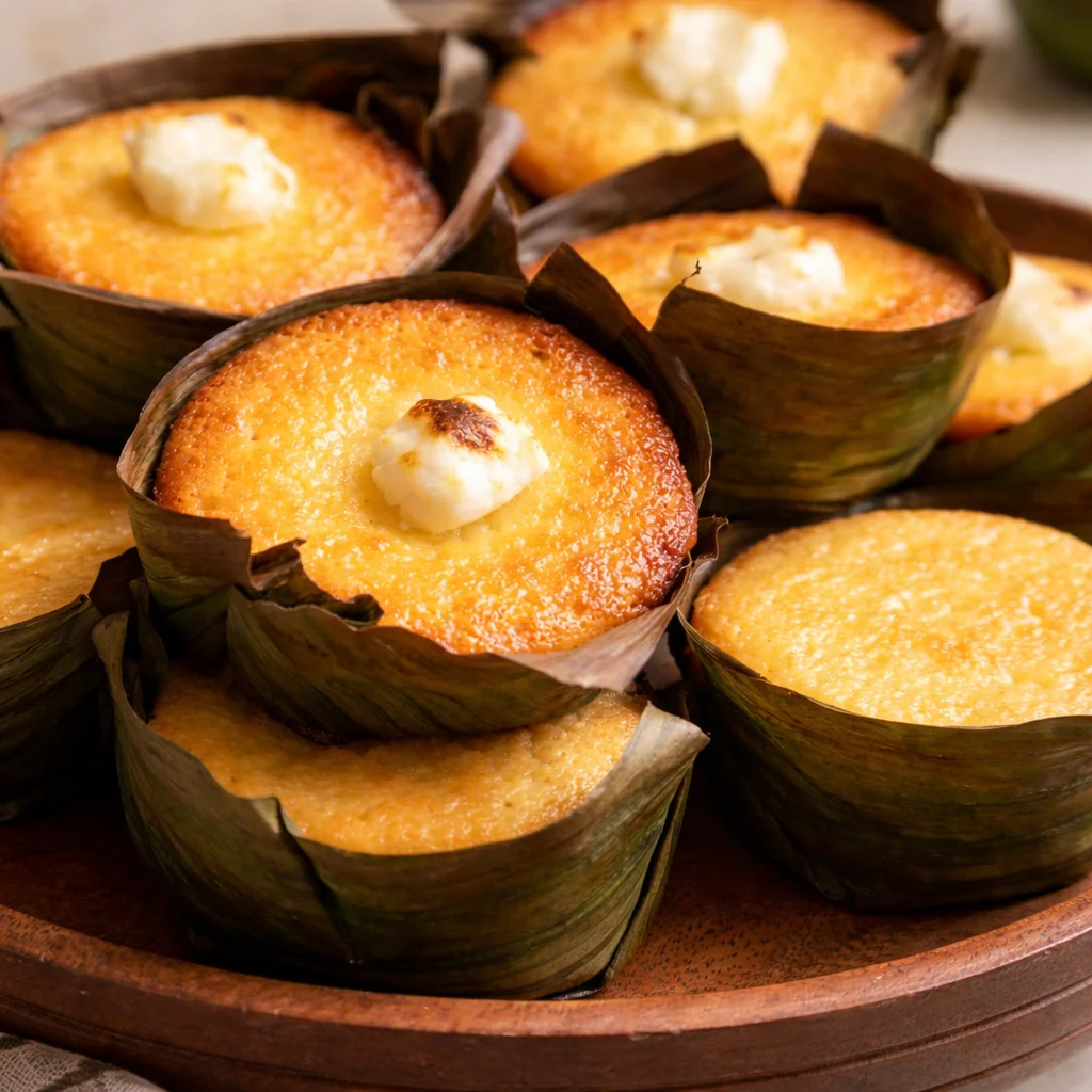 Fluffy Filipino sweet banana pancakes topped with fresh fruit and syrup.