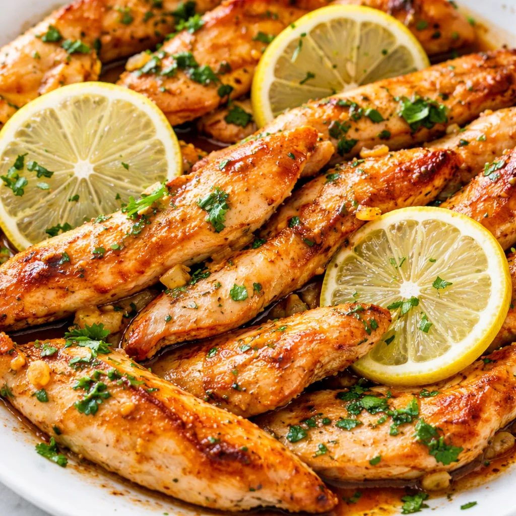 Delicious Garlic Butter Chicken Filipino Style served on a plate with herbs.