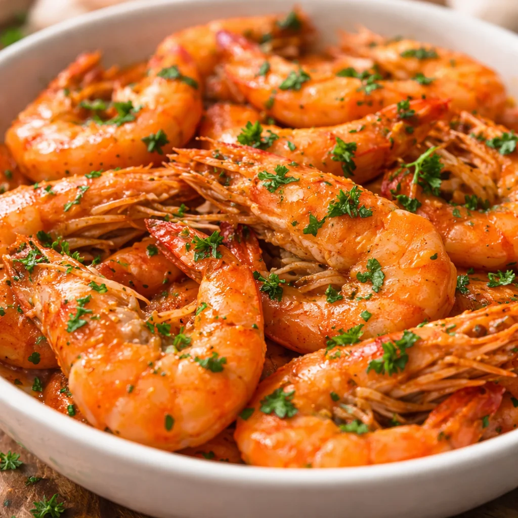 Garlic butter shrimp served over warm rice in a Filipino style dish