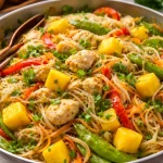 Delicious Filipino mango chicken stir fry with colorful vegetables.