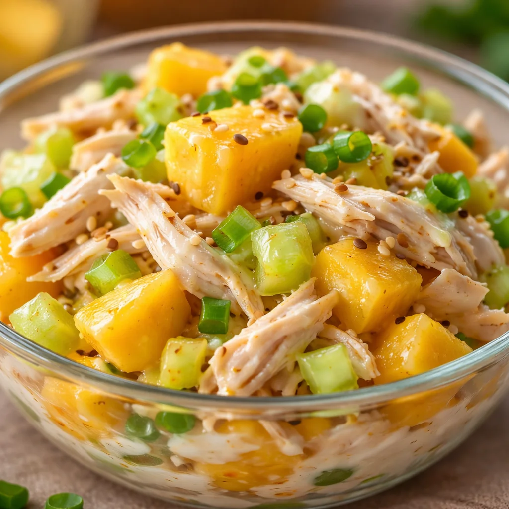 Mango Coconut Chicken Salad Filipino style with fresh mango, chicken, and coconut.