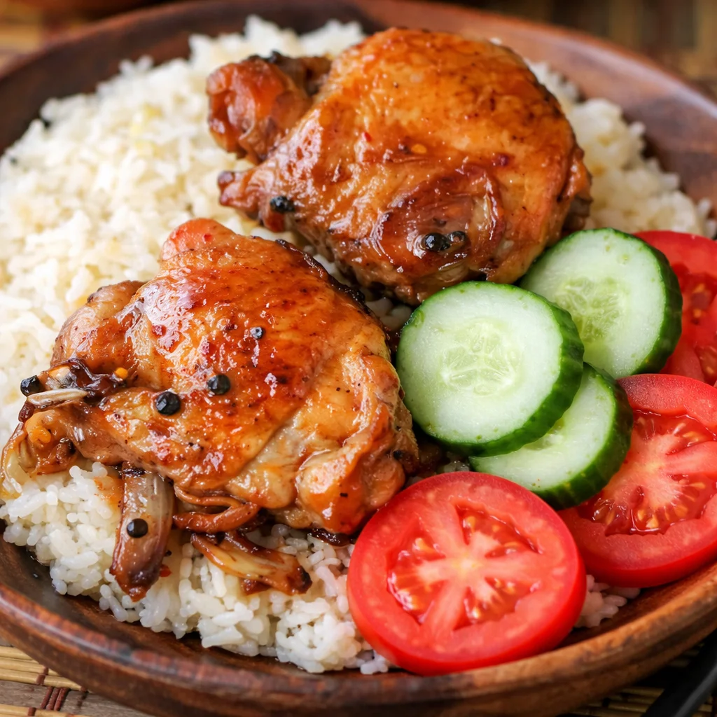 One pan Filipino chicken and vegetables with tender chicken in savory sauce.