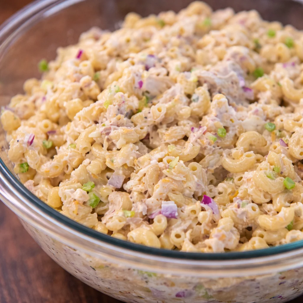 Delicious and creamy easy Filipino Tuna Macaroni Salad served in a bowl